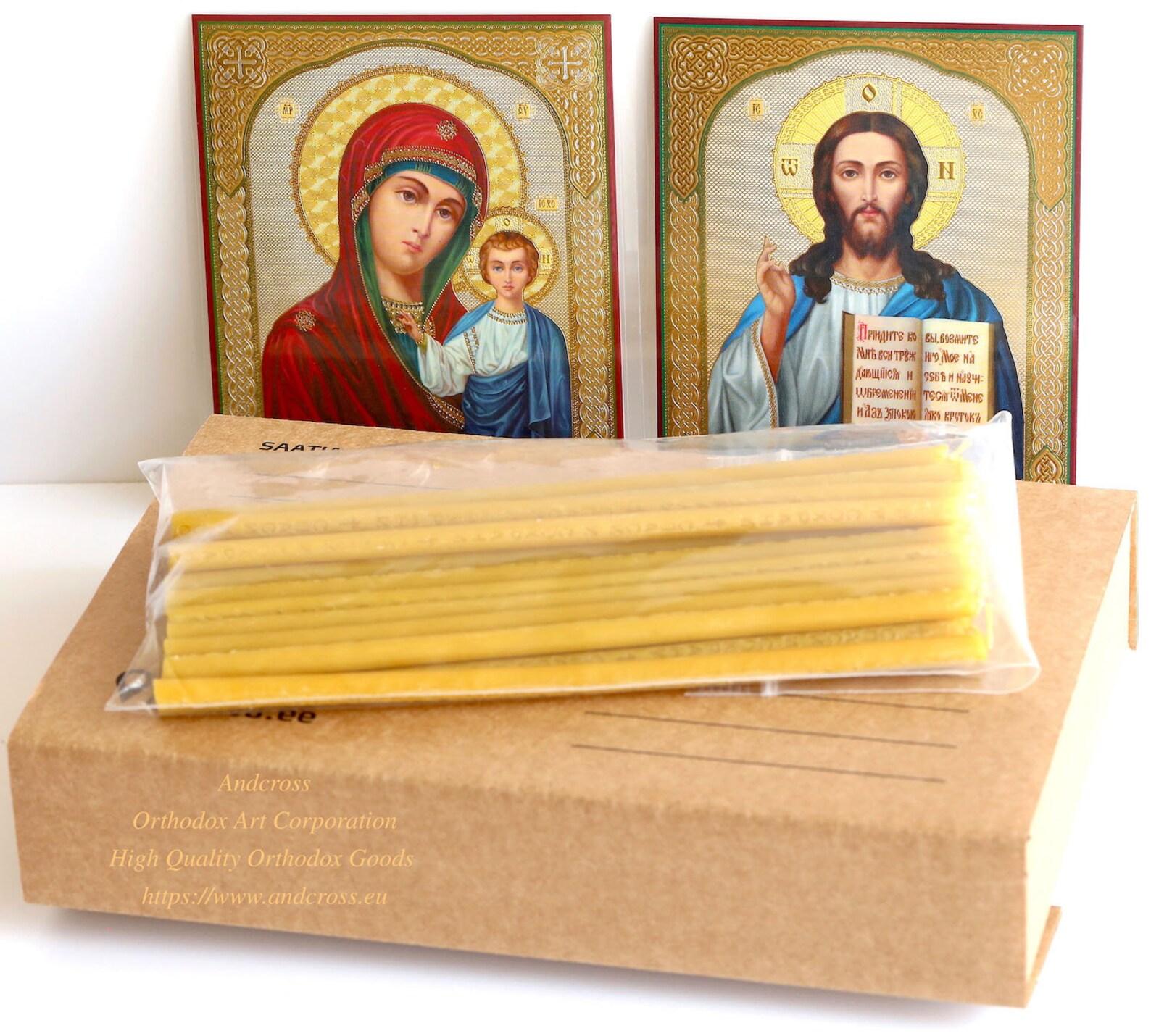 Monastery Russian Orthodox Church, Quality 24 Wax Candles, Ceramic Holder, 2 icon cards, Gift Set. B470