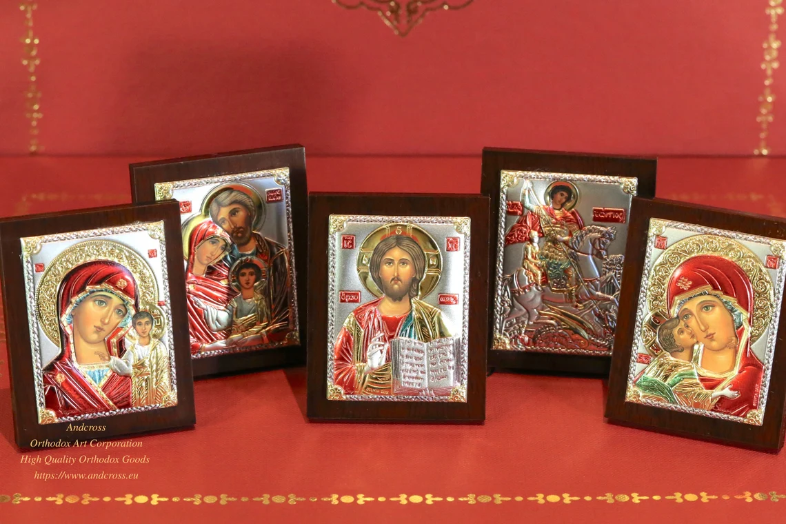 Set of 5 Orthodox Icons. Lord Jesus Christ. Mother of God Kazan Mother of God Vladimir Holy Family St George. Silver Plated .999 (64 x 50)mm