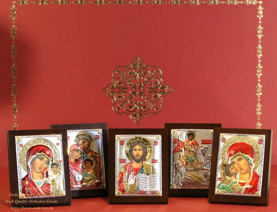 Set of 5 Orthodox Icons. Lord Jesus Christ. Mother of God Kazan Mother of God Vladimir Holy Family St George. Silver Plated .999 (64 x 50)mm - Image 2