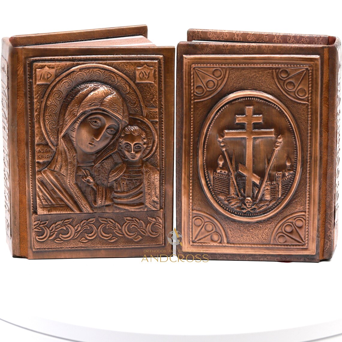 Russian Language Orthodox Pocket Prayer Book / Hard Copper Cover and varnished / Kazan Icon of the Mother of God / Calvary cross /handicraft - Image 6