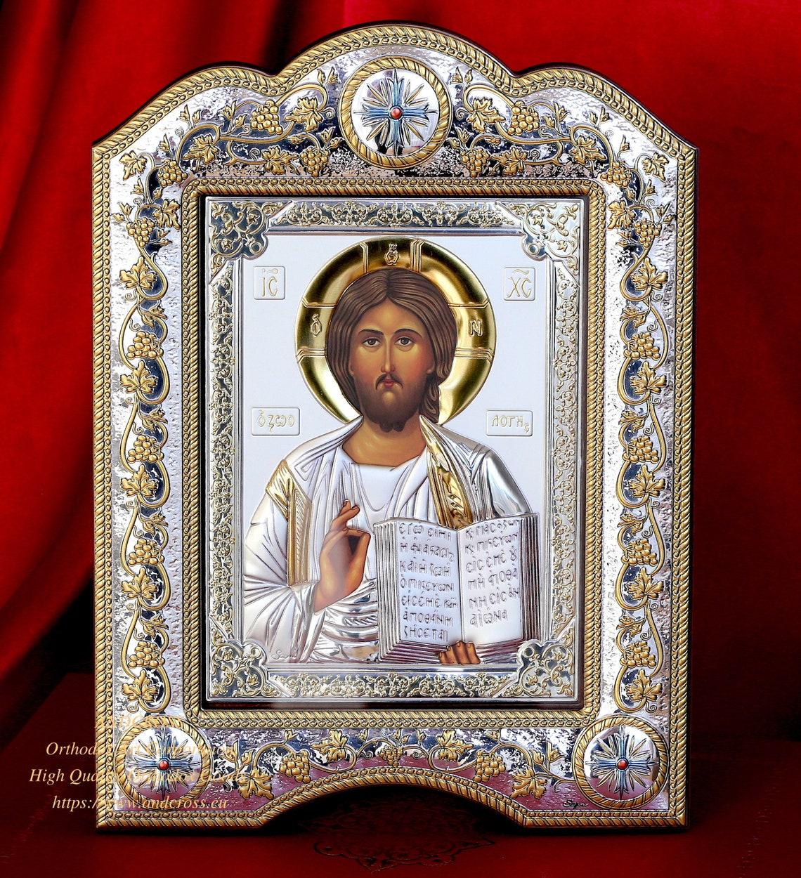 THE CHRIST PANTOCRATOR, CHRISTIAN ORTHODOX SILVER ICON 21×28 GOLD AND SILVER VERSION/FRAME WITH GLASS,THE GREAT MIRACULOUS CHRISTIAN, B268 - Image 2