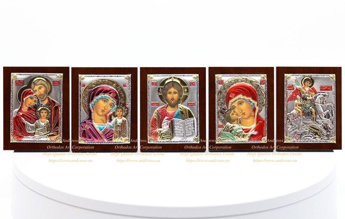 Set of 5 Small Russian Orthodox Icons Lord Jesus Christ Mother of God Kazan Mother of God Vladimir Holy Family St George. Silver Plated .999. B120