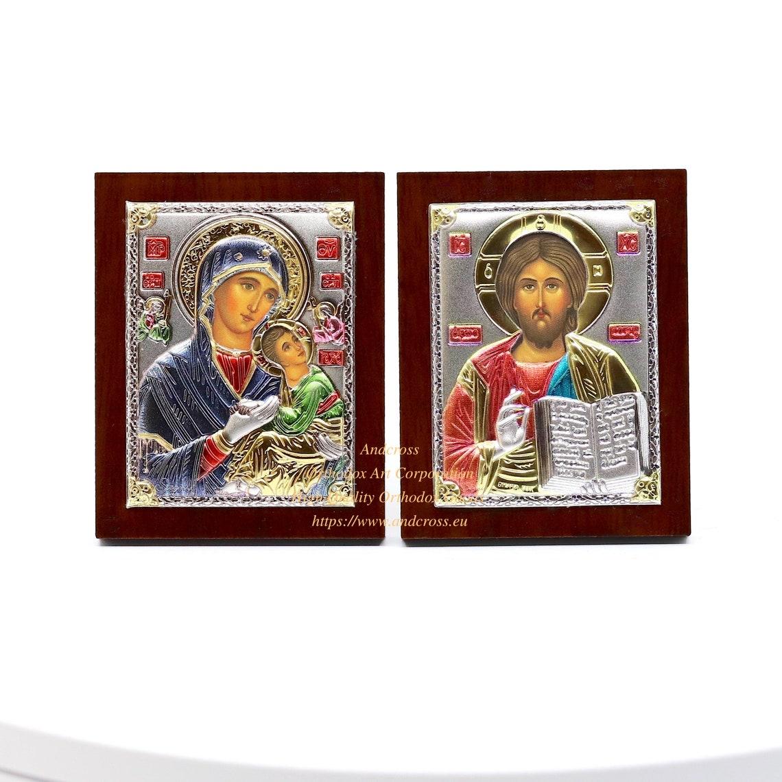 Set of 2 Small Russian Orthodox Icons Mother of God Amolyntos, Christ Pantocrator. Silver Plated .999 ( 6cm X 4cm ). B131
