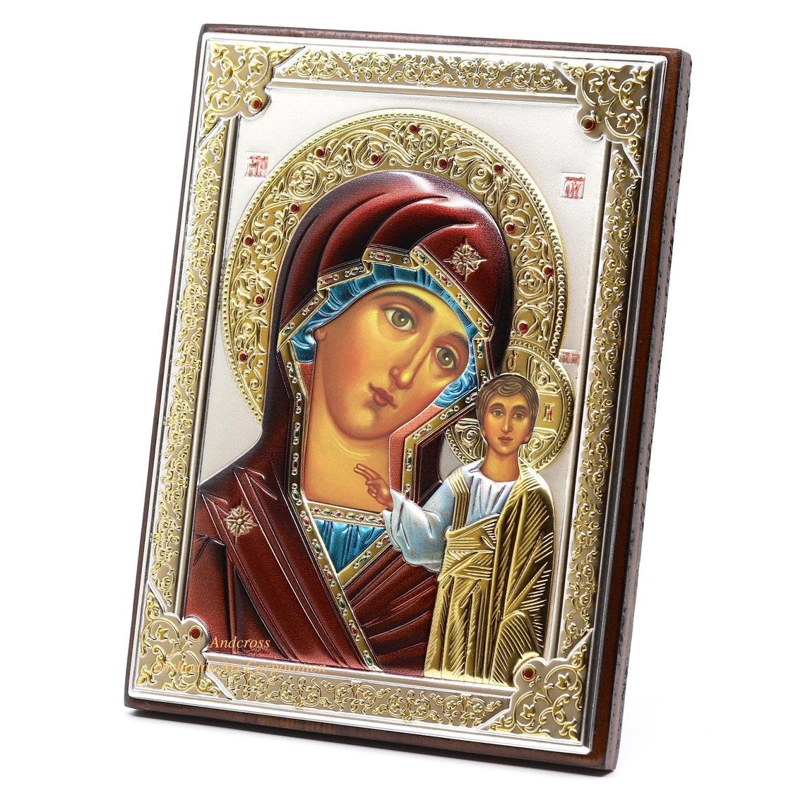 Theotokos of Kazan, Our Lady of Kazan, Christian Orthodox Icon, Wood and Silver Plated 999, Gift box, Handmade. B159 - Image 2