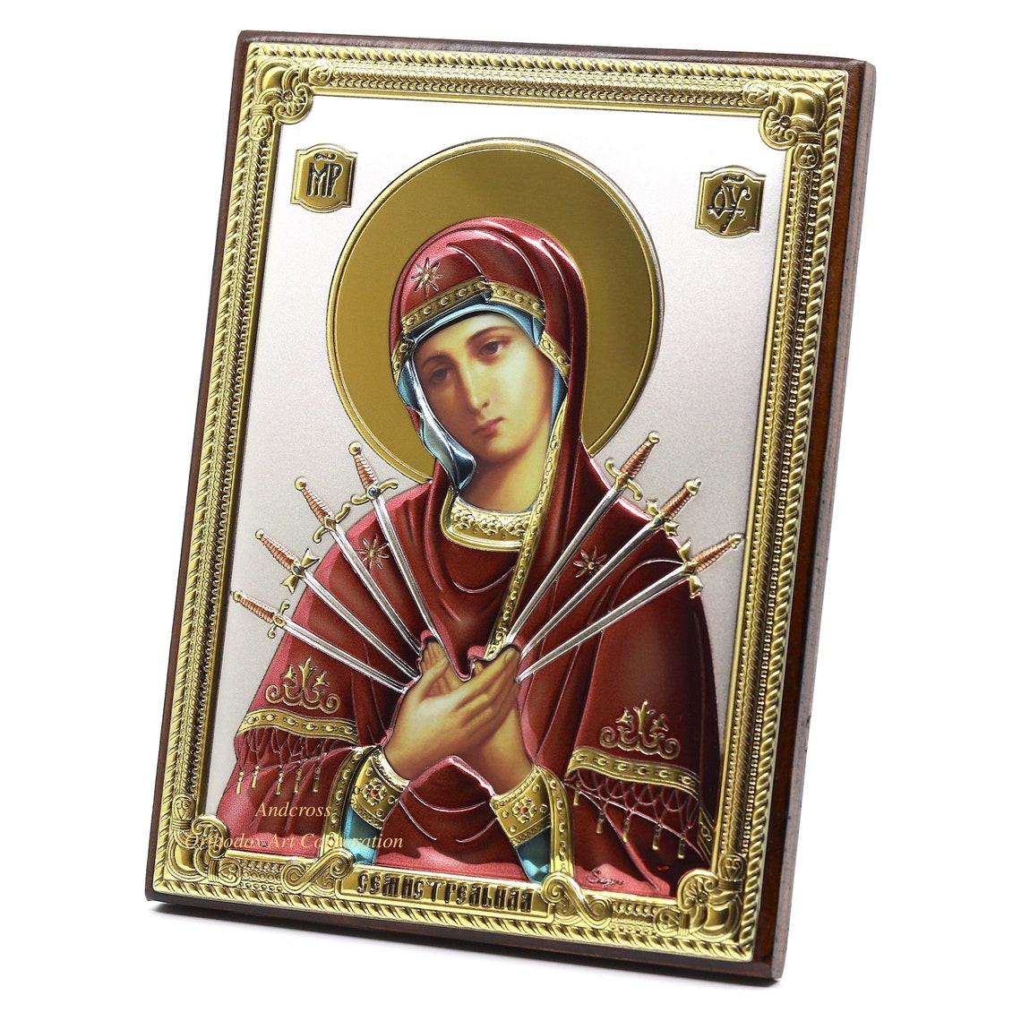 The Theotokos icon of the Seven Arrows, Wooden Christian Orthodox Icon 999 Silver Plated, Handmade, Gift box, Mother of God. B163 - Image 2