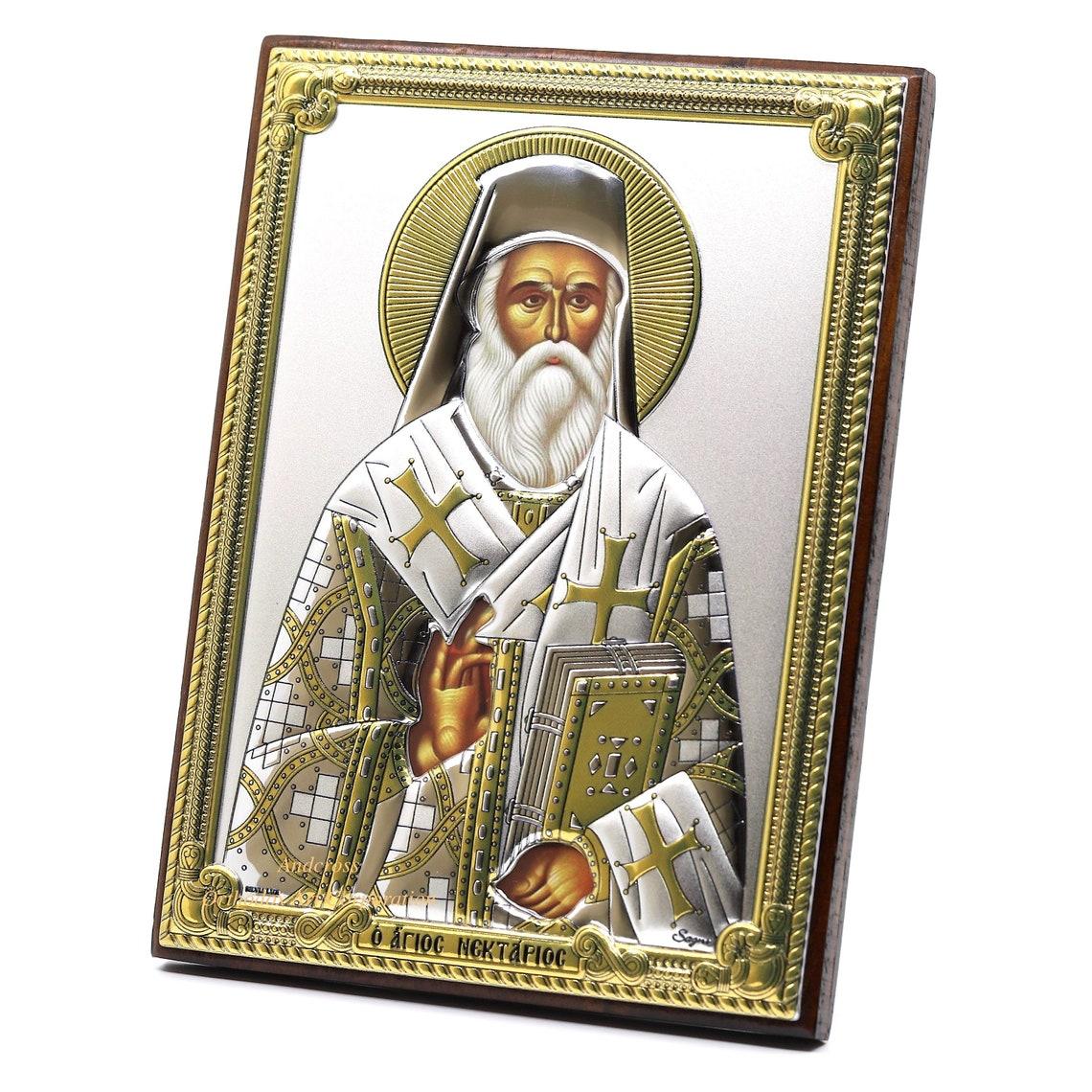 Saint Nektarios Orthodox Wooden Icon Silver Plated 999 Handmade, Gift case. B168 - Image 2