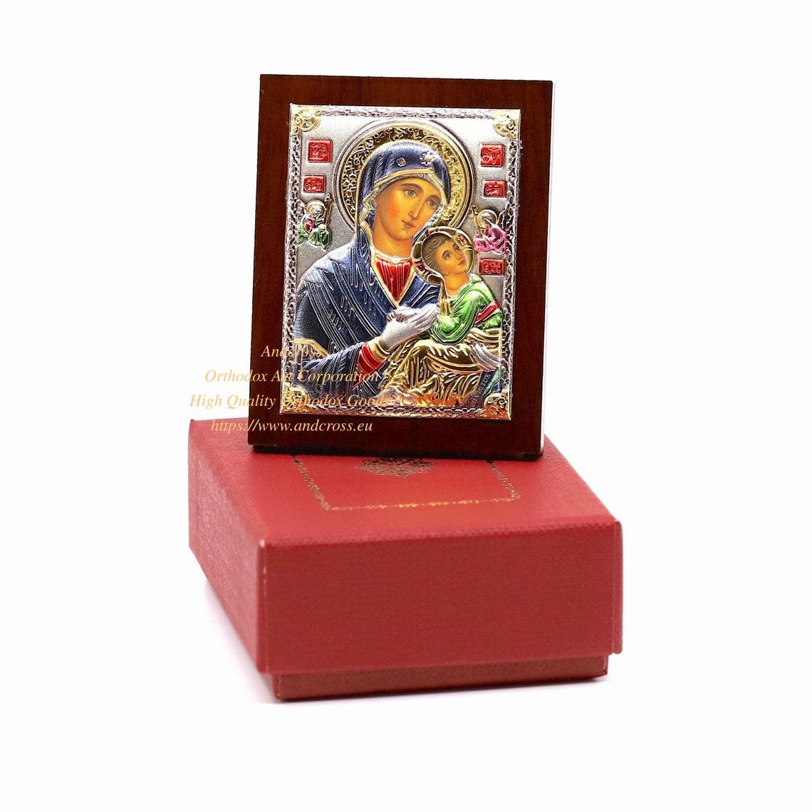 Set of 2 Small Russian Orthodox Icons Mother of God Amolyntos, Christ Pantocrator. Silver Plated .999 ( 6cm X 4cm ). B131 - Image 4