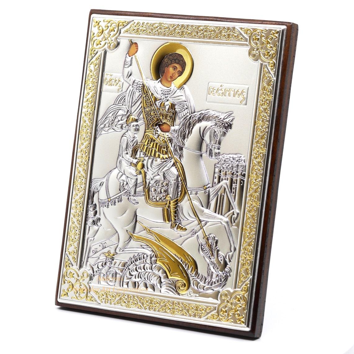 Saint George Warrior, Wooden Orthodox Icon Silver Plated 999 13cm X 18cm Handmade, Christian Silver Handmade Icon, Gift box. B158 - Image 2