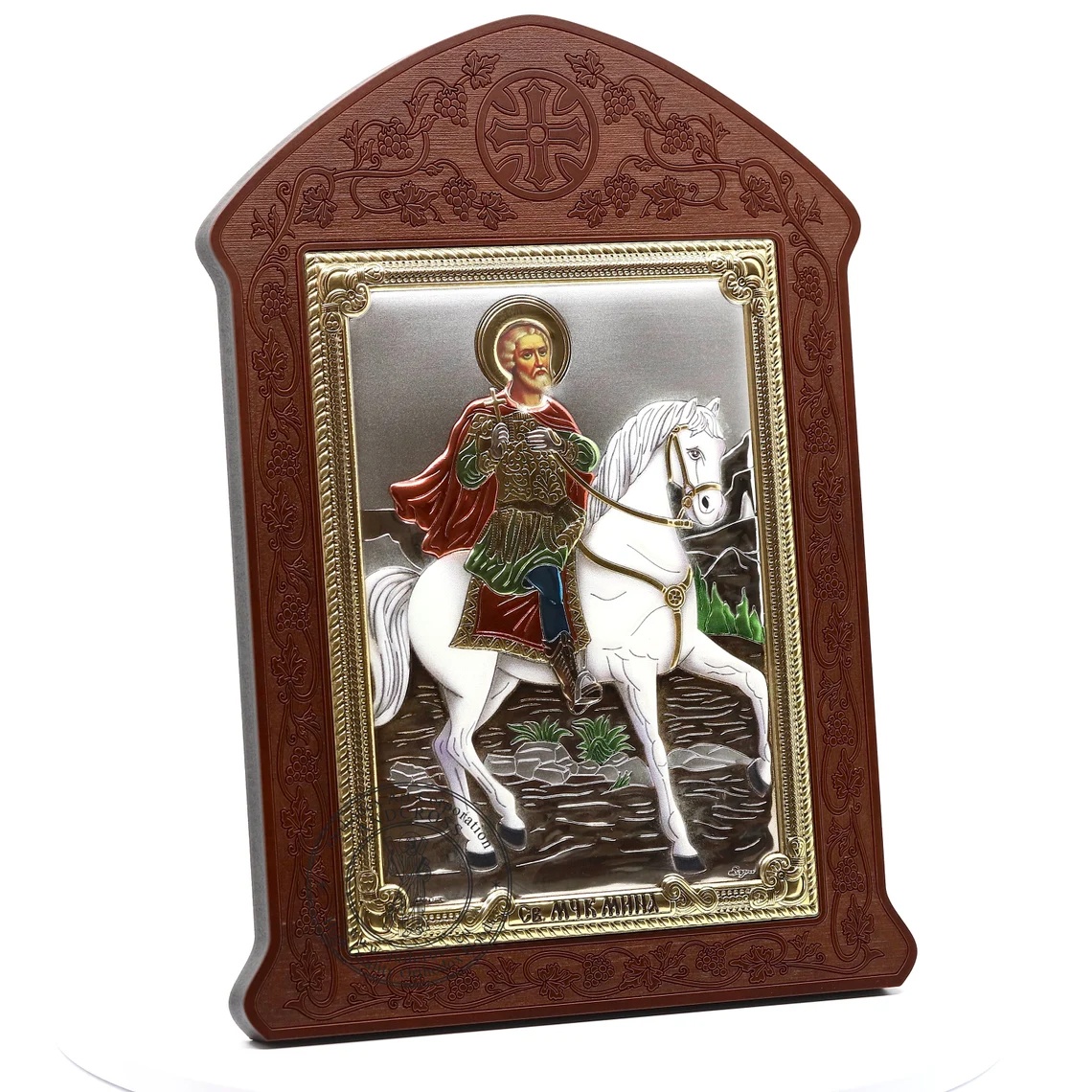 Christian Icon St Mina Wonderworker. Silver Plated .999 Wooden Oklad Riza ( 10" X 7.4" ) 25.5cm X 19cm. B294 - Image 3