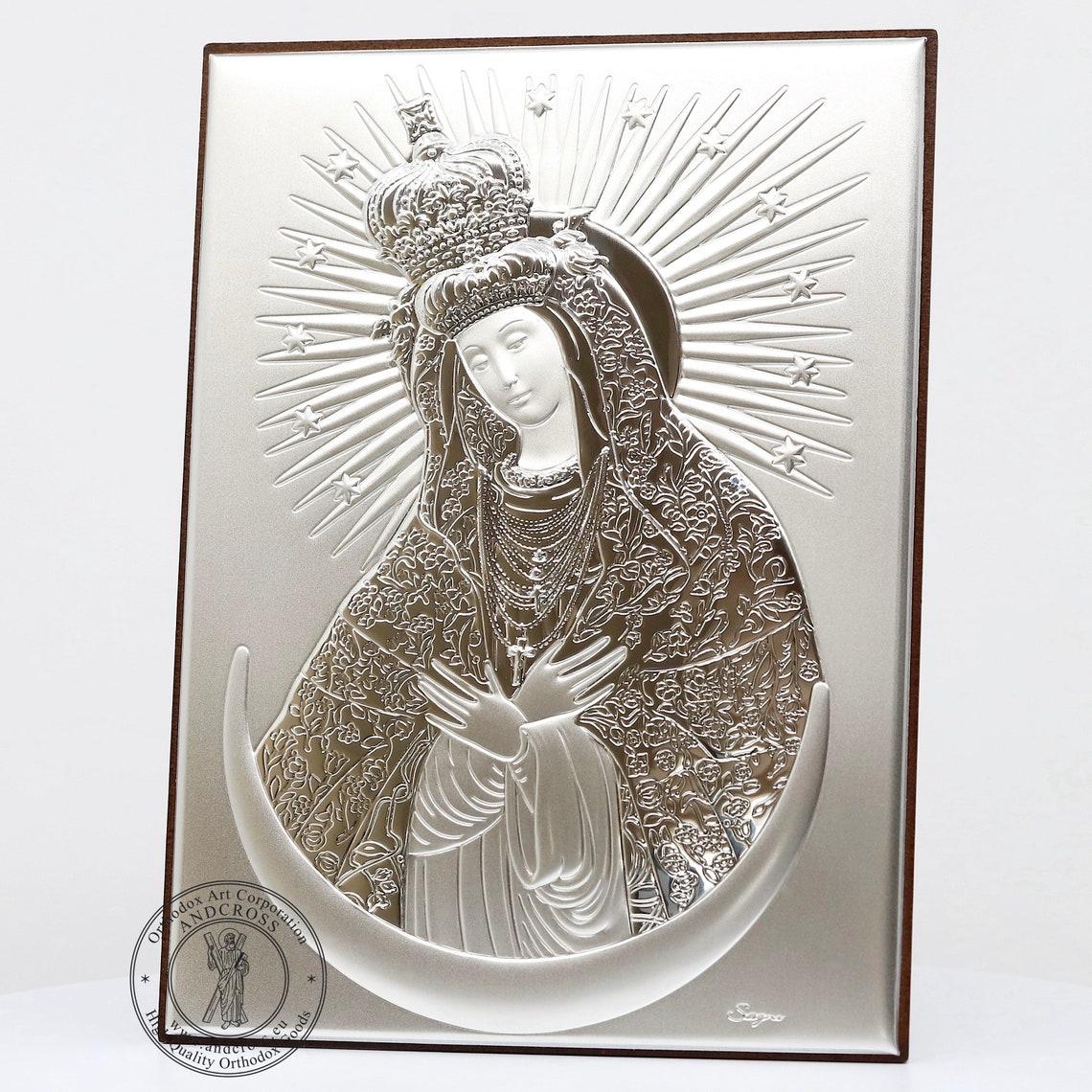 Christian Wood Icon Our Lady of the Gate of Dawn ( Ostrobramskaya ). Silver Plated .999 Oklad Riza ( 7.0" X 5.2" ) 18cm X 13cm. B254