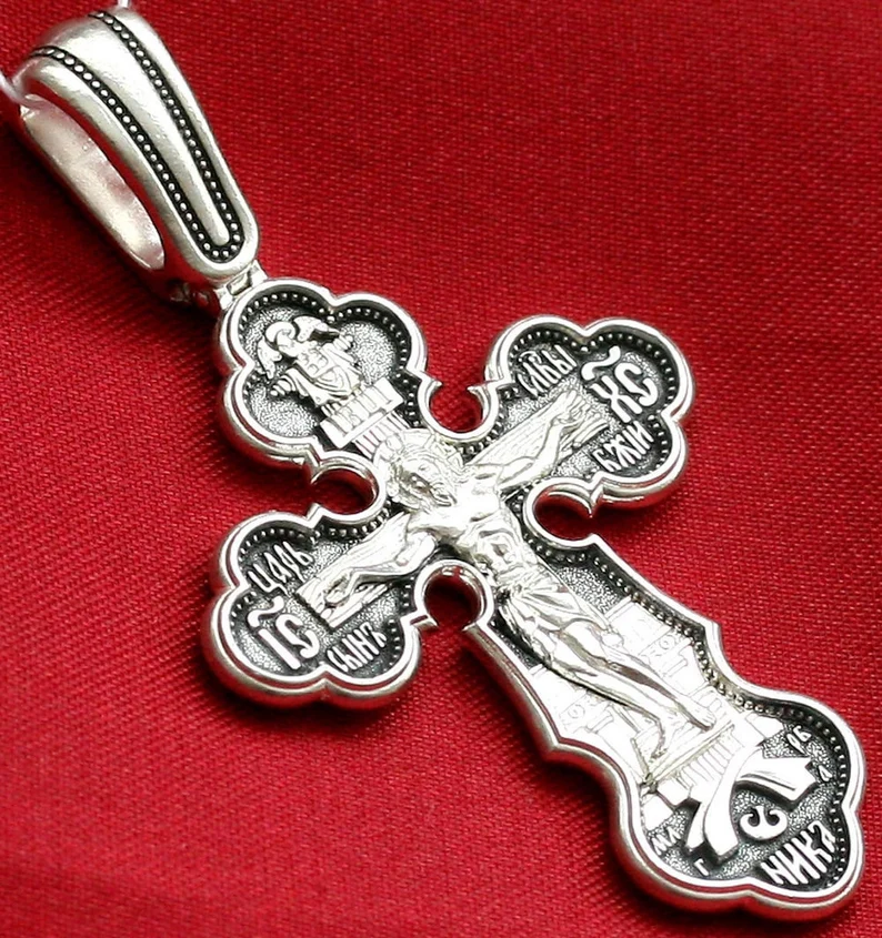 Mother of God Pokrov - Sign. Big Russian Orthodox Prayer Crucifix Rare Silver 925 Elizaveta Factory