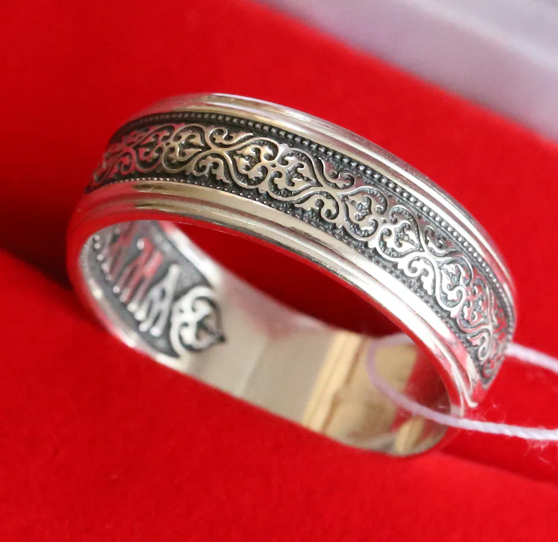 Protective Byzantine Silver 925 Ring – Mother of God Prayer – Floral Design – Authentic Orthodox Christian Jewelry