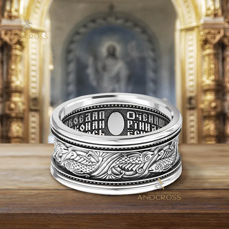 Men's Orthodox Silver 925 Ring – Saint Fish Symbol – Lord's Prayer – Powerful Faith Jewelry - Image 2