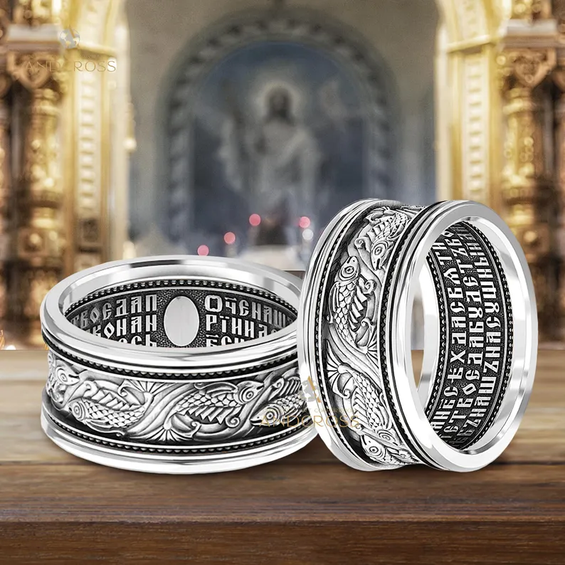 Men's Orthodox Silver 925 Ring – Saint Fish Symbol – Lord's Prayer – Powerful Faith Jewelry